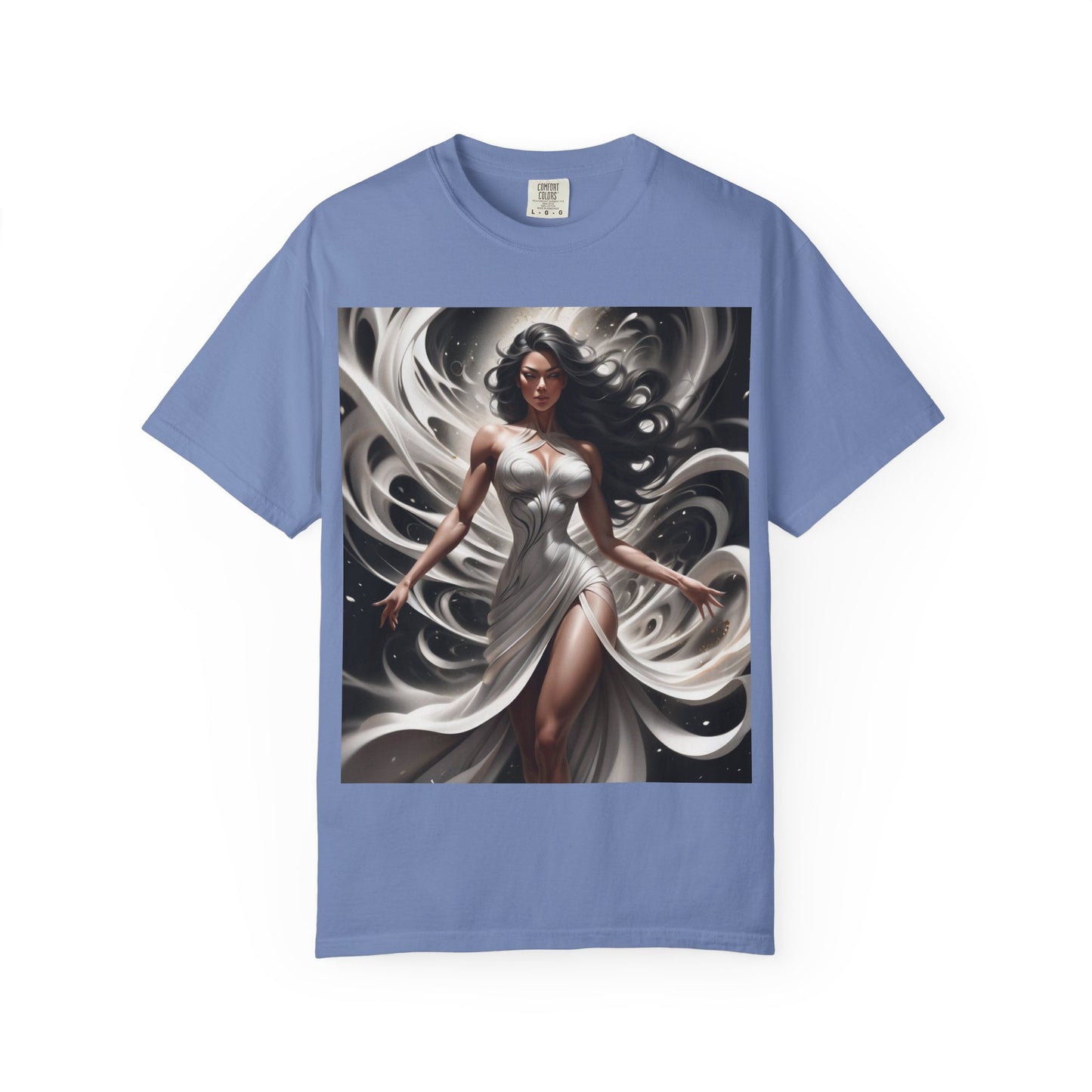 Goddess Art T-Shirt — Elegant White-Draped Fantasy Woman Print
