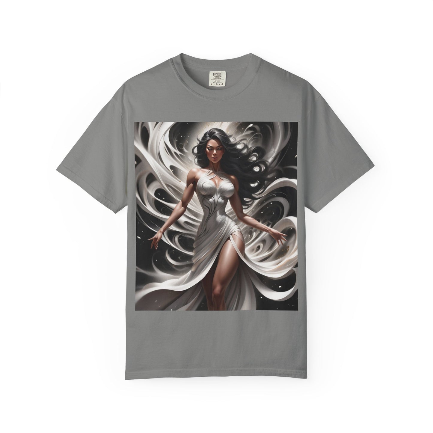 Goddess Art T-Shirt — Elegant White-Draped Fantasy Woman Print