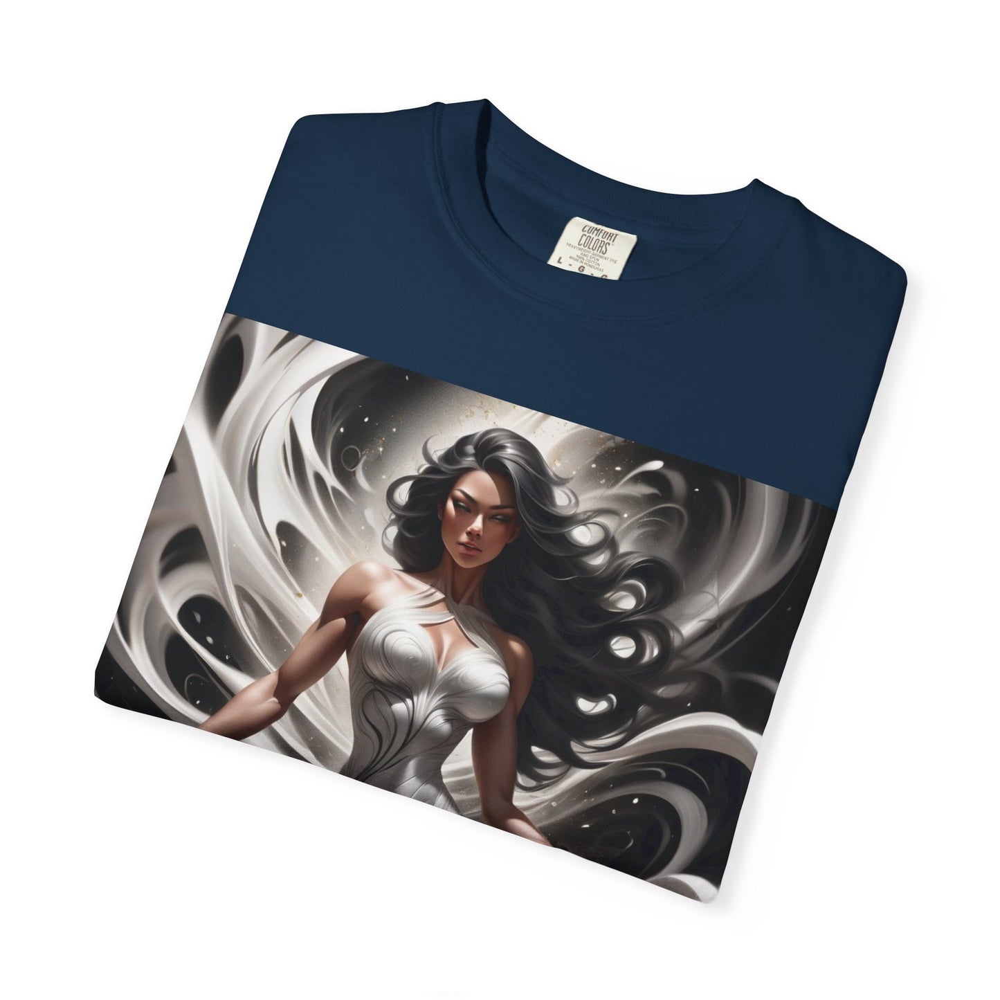 Goddess Art T-Shirt — Elegant White-Draped Fantasy Woman Print