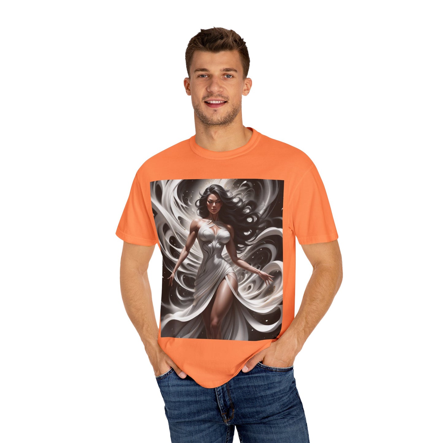Goddess Art T-Shirt — Elegant White-Draped Fantasy Woman Print