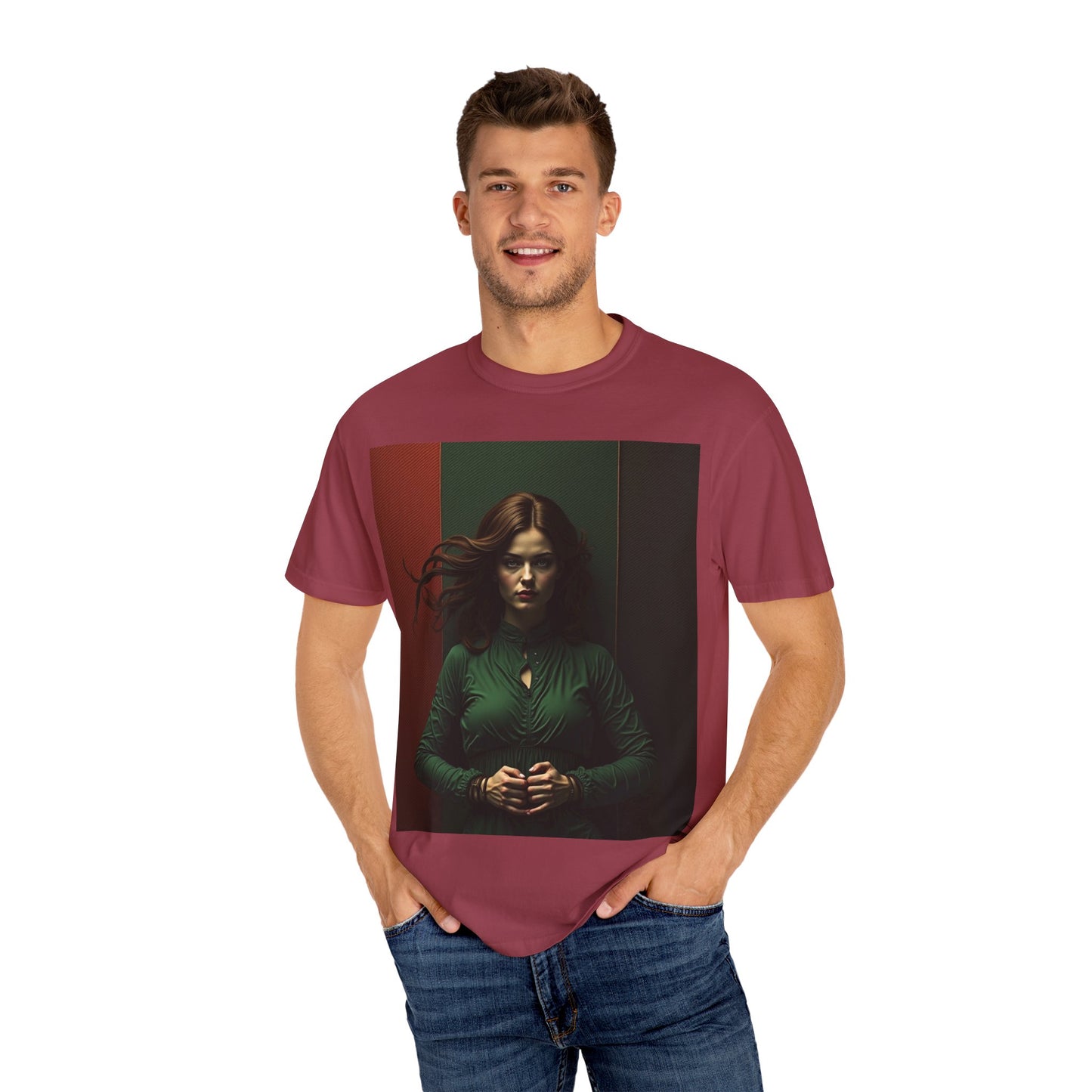 Portrait Photo Tee — Moody Green Woman Graphic T-Shirt