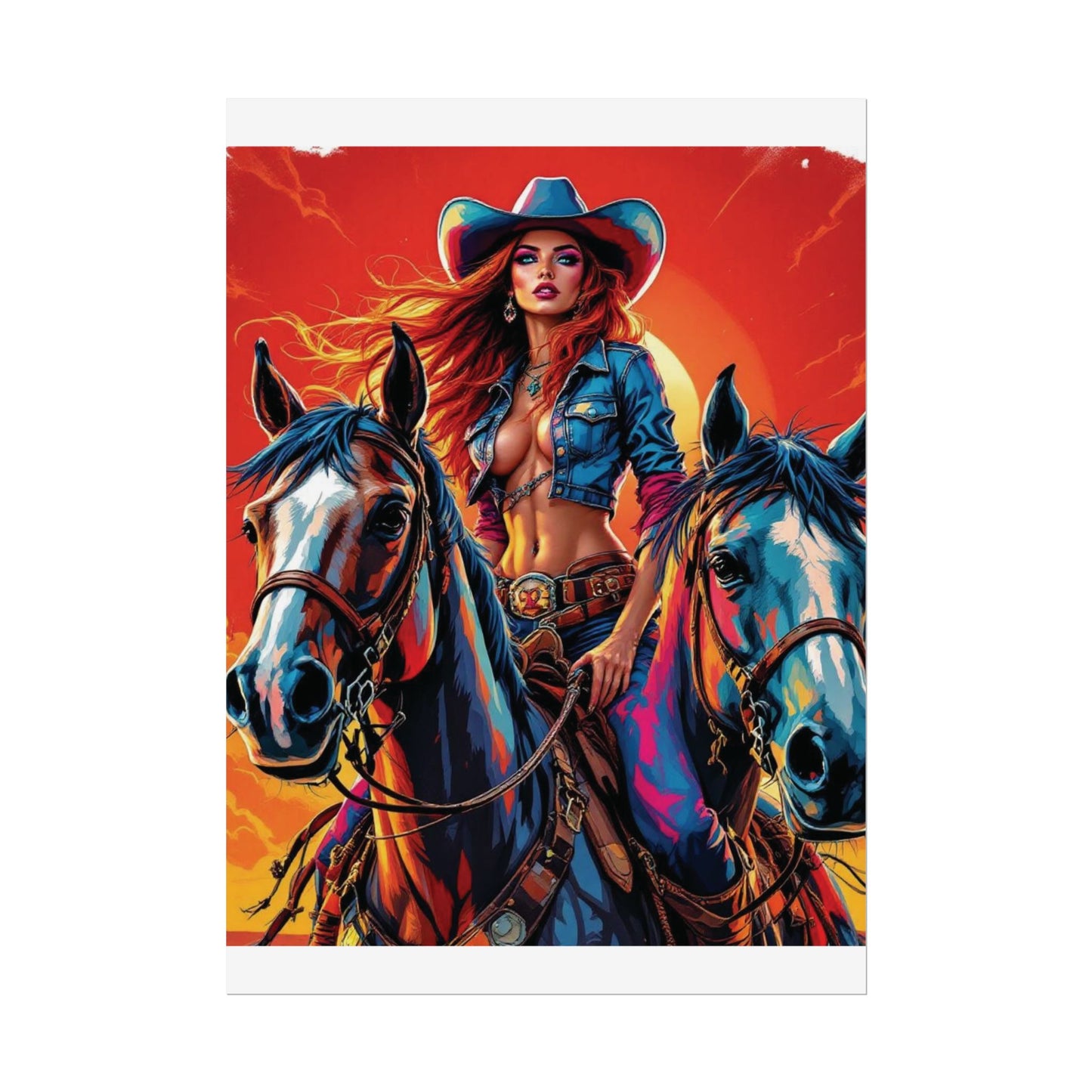 Cowgirl Poster — Vibrant Western Cowgirl Art Print with Horses