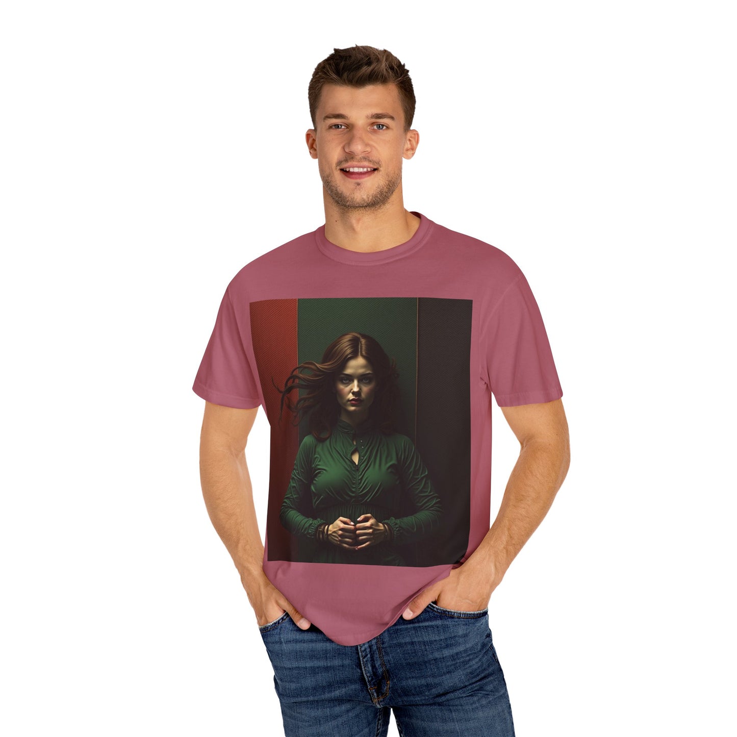 Portrait Photo Tee — Moody Green Woman Graphic T-Shirt