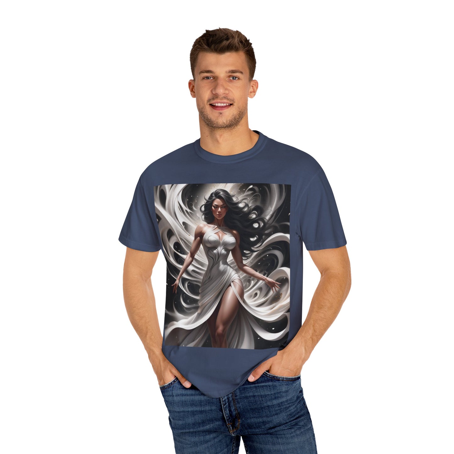 Goddess Art T-Shirt — Elegant White-Draped Fantasy Woman Print