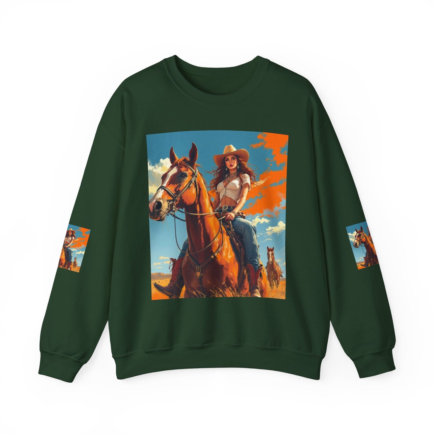 Cowgirl Riding Horse Sweatshirt — Western Sunset Graphic Crewneck