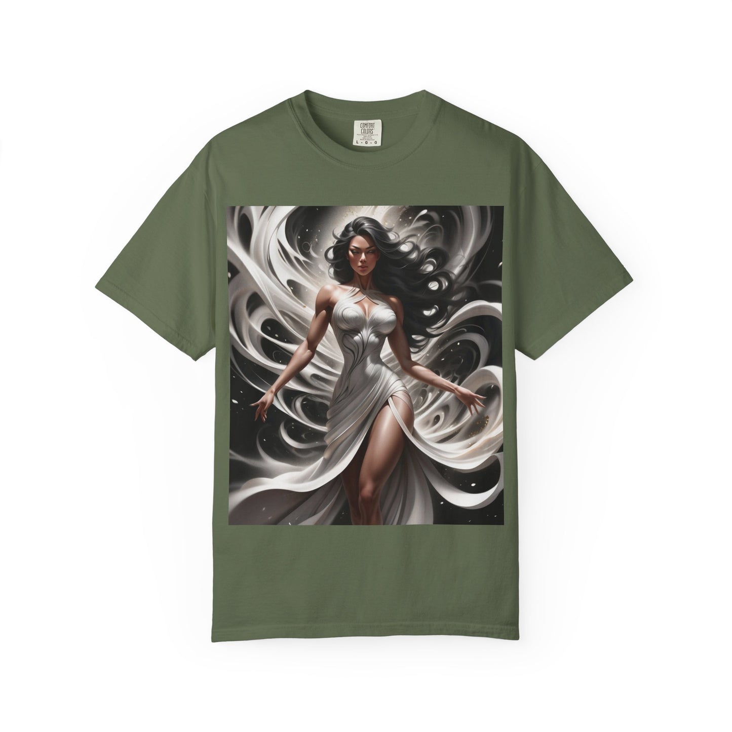 Goddess Art T-Shirt — Elegant White-Draped Fantasy Woman Print