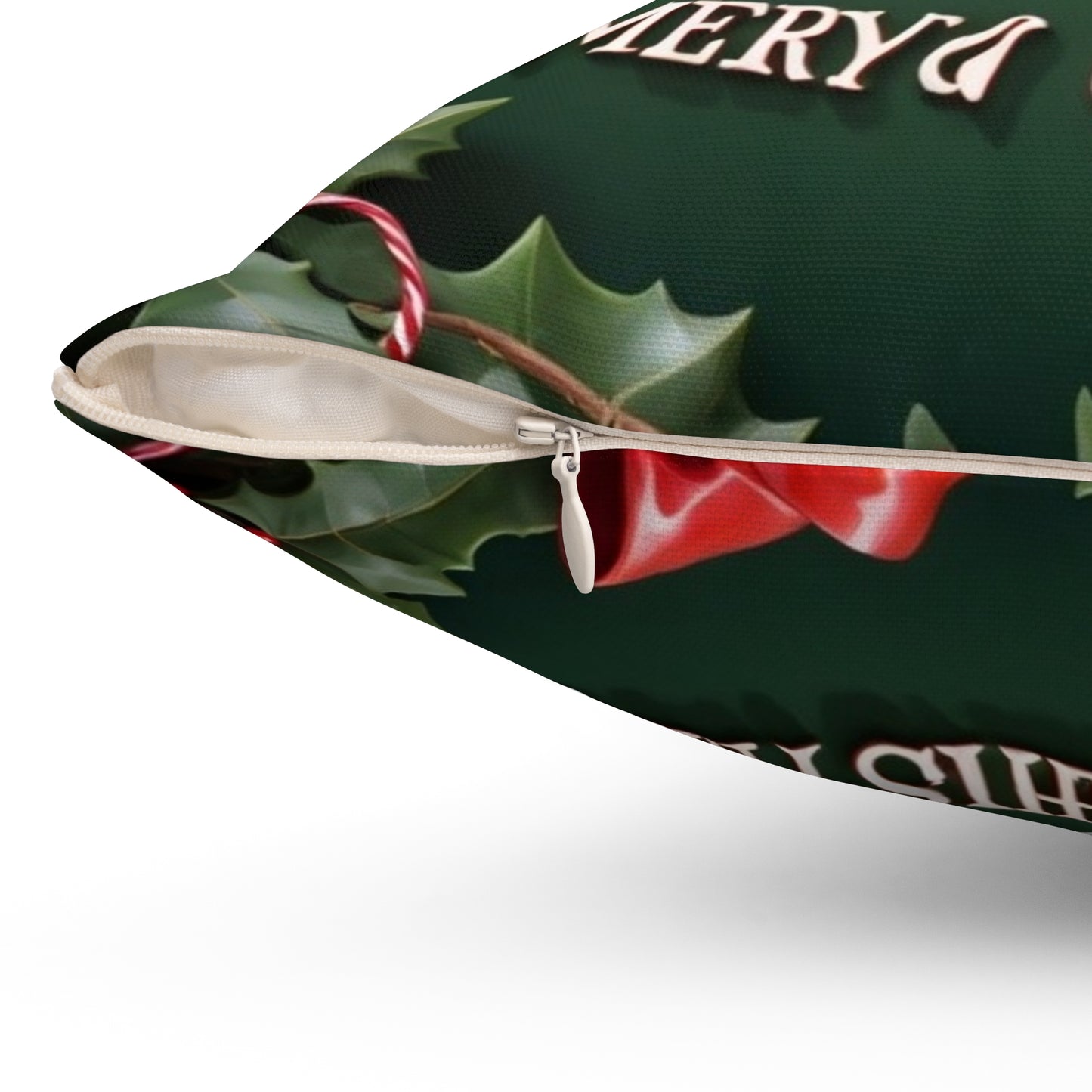 Merry Christmas Decorative Pillow — Festive Green Holiday Throw Pillow with Holly & Ornaments