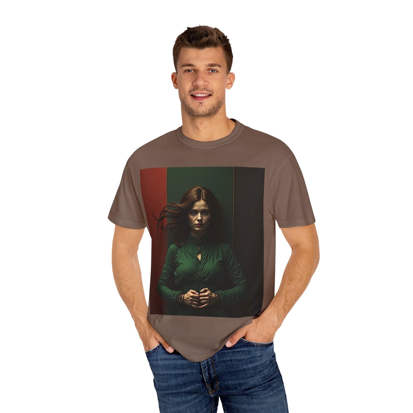 Portrait Photo Tee — Moody Green Woman Graphic T-Shirt