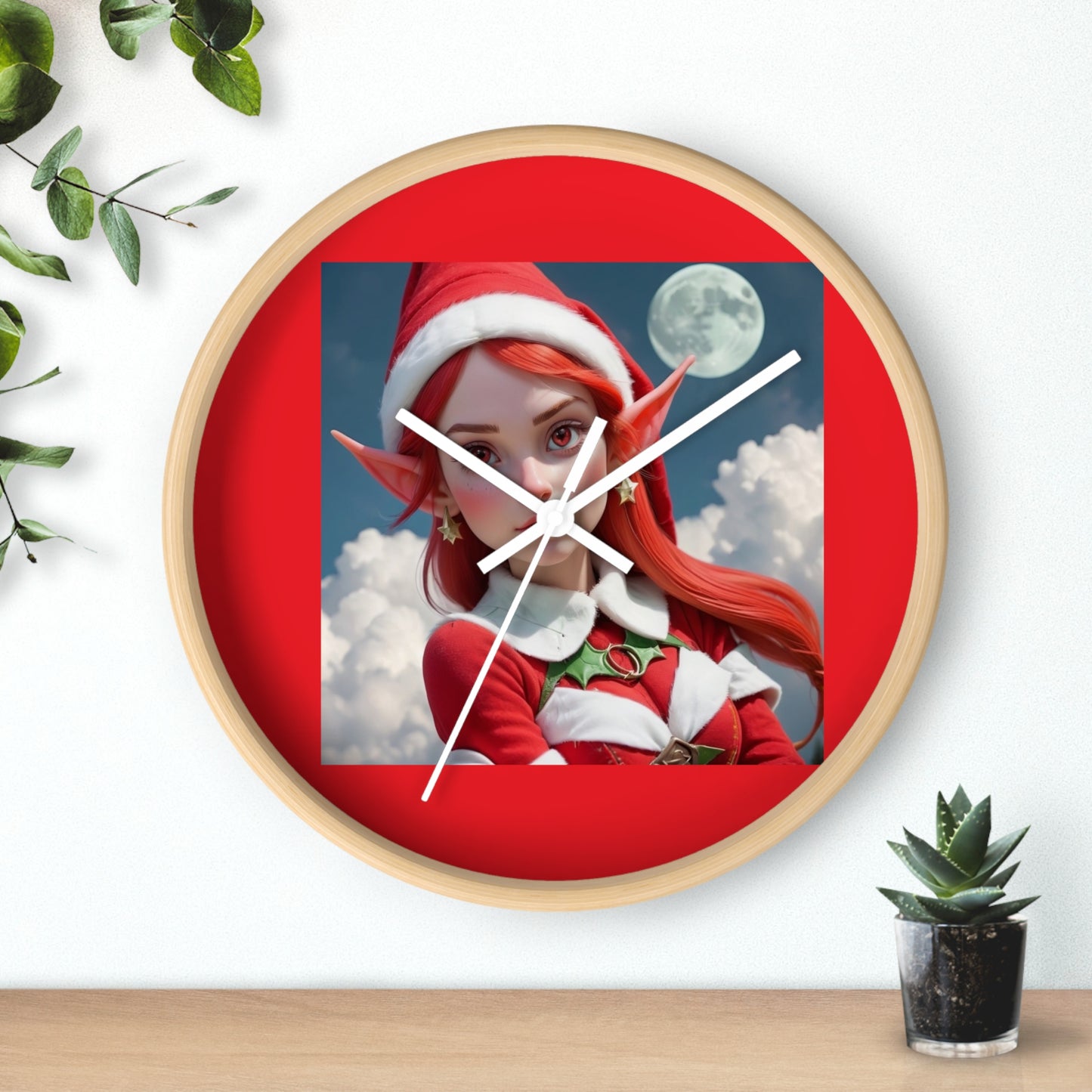 Christmas Elf Wall Clock — Cute Red-Haired Elf Holiday Decor