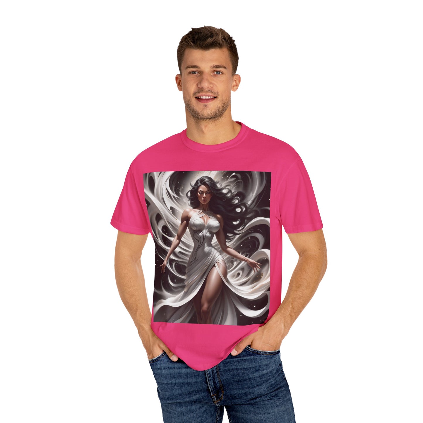 Goddess Art T-Shirt — Elegant White-Draped Fantasy Woman Print