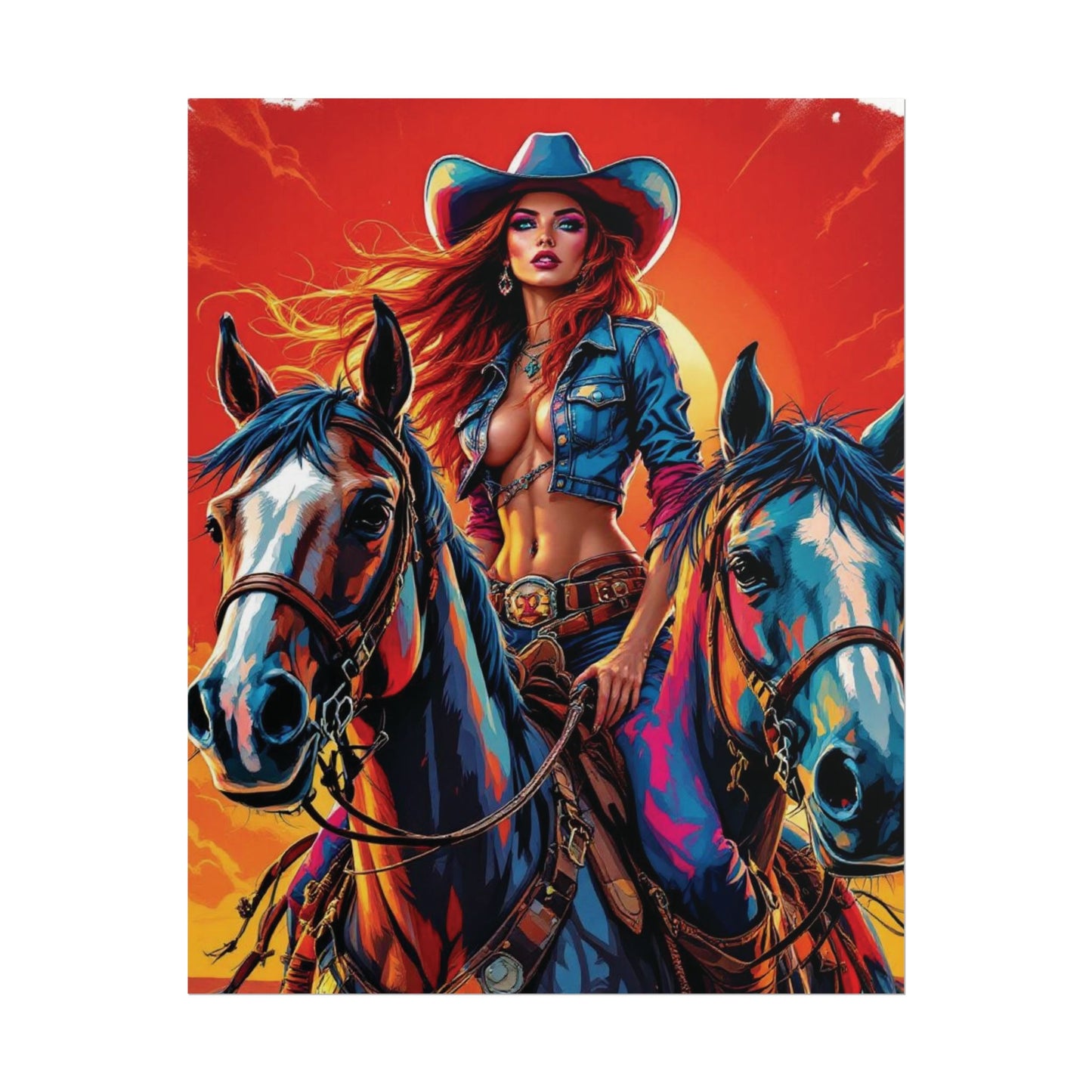 Cowgirl Poster — Vibrant Western Cowgirl Art Print with Horses