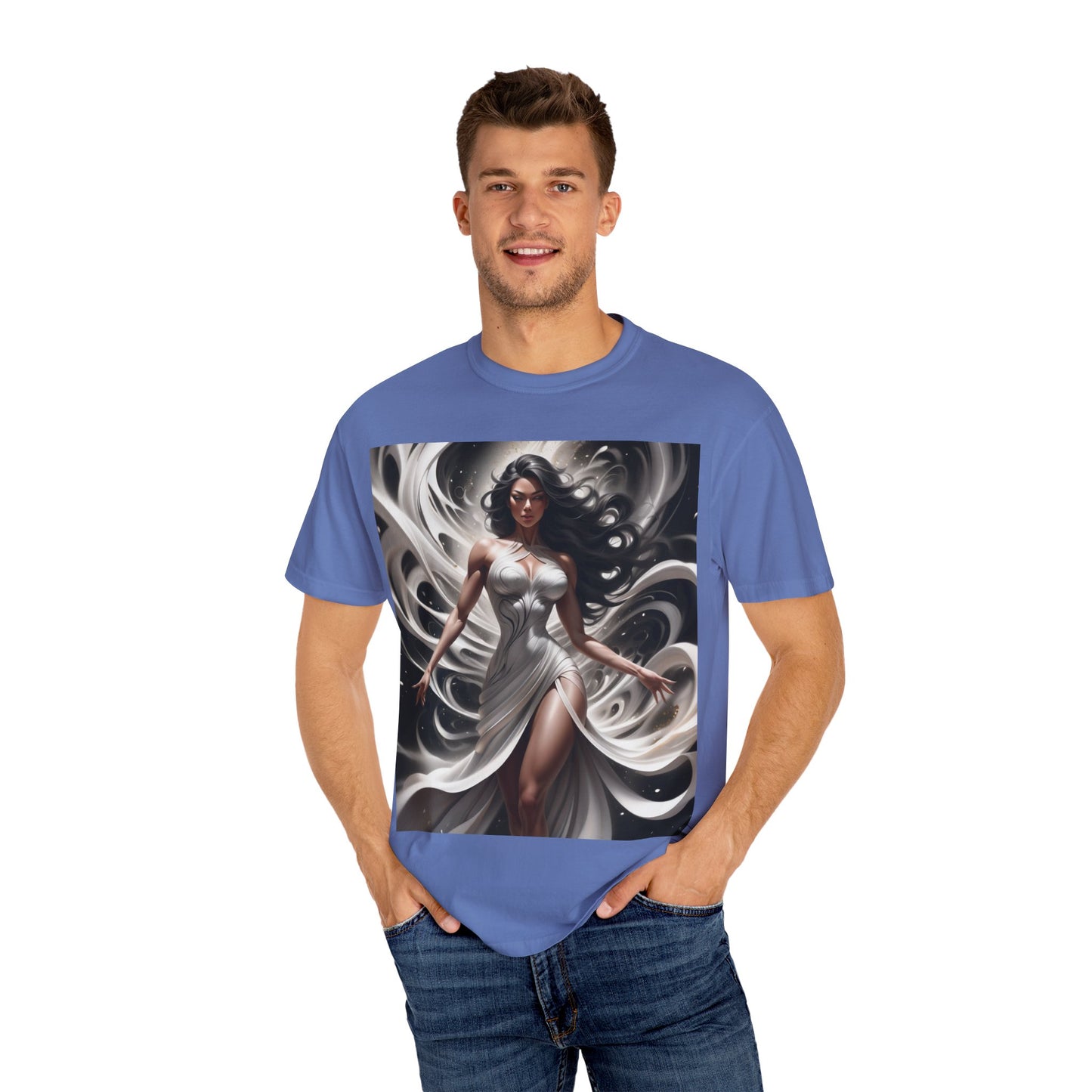Goddess Art T-Shirt — Elegant White-Draped Fantasy Woman Print