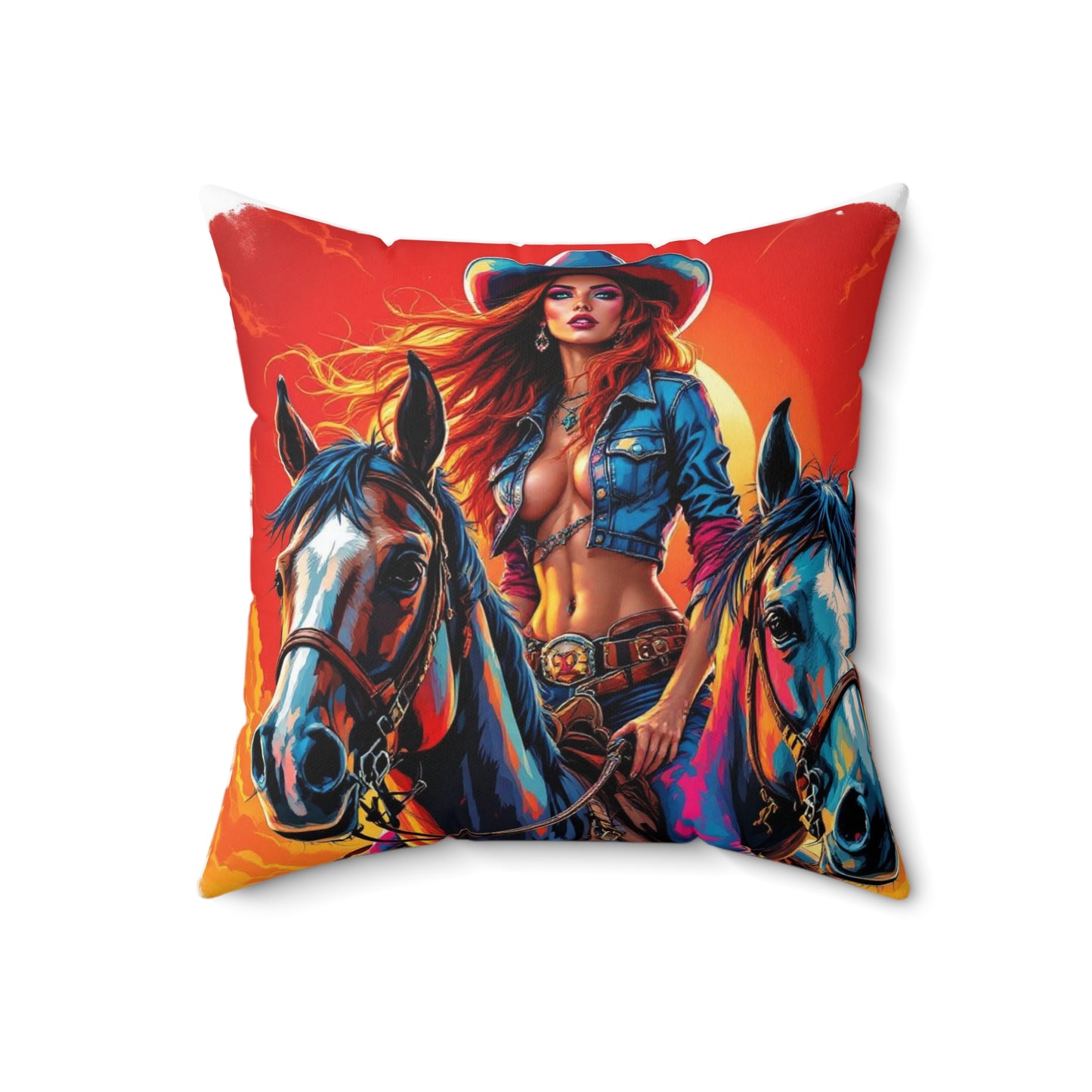 Cowgirl & Horses Graphic Pillow — Vibrant Western Art Throw Pillow