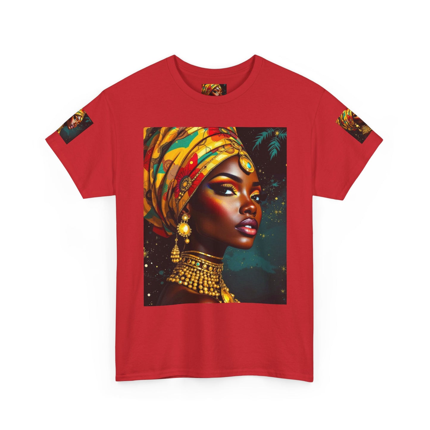 African Queen Portrait T-Shirt — Bold Headwrap & Gold Jewelry Graphic Tee