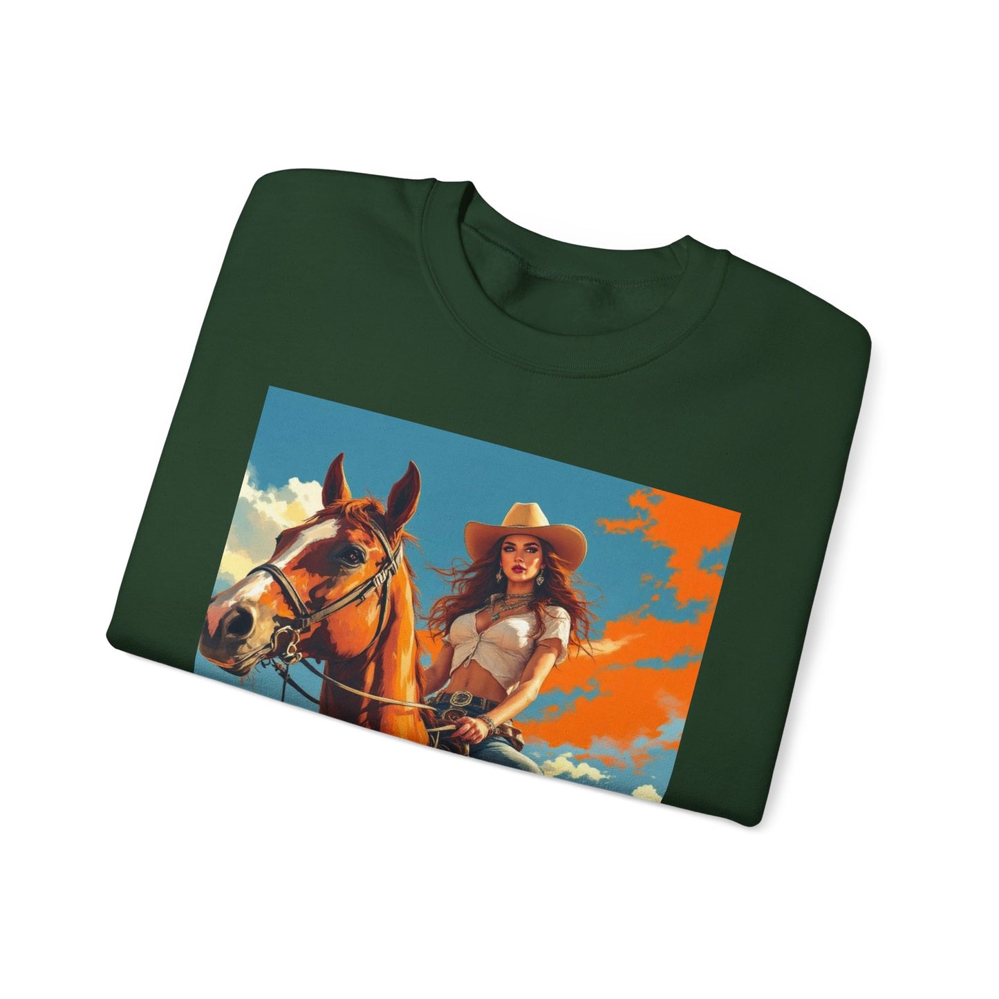 Cowgirl Riding Horse Sweatshirt — Western Sunset Graphic Crewneck