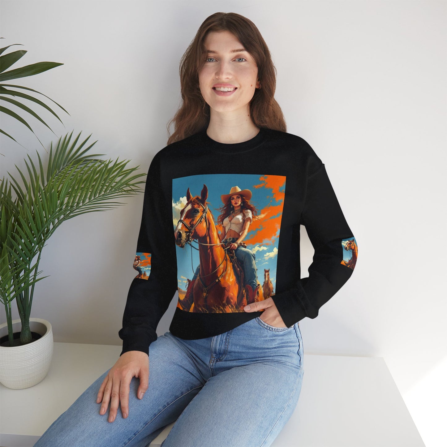 Cowgirl Riding Horse Sweatshirt — Western Sunset Graphic Crewneck