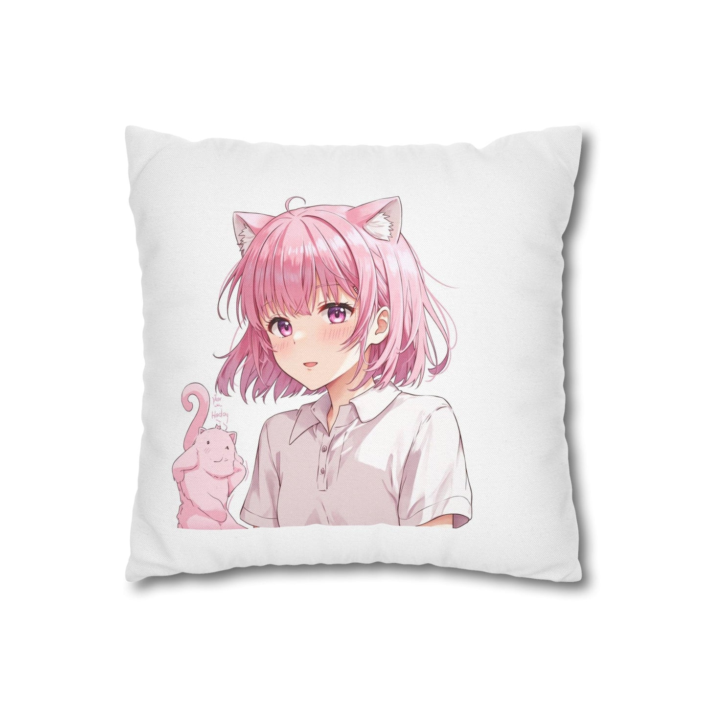Anime Catgirl Pillowcase — Pink Neko Girl with Kitten Accent