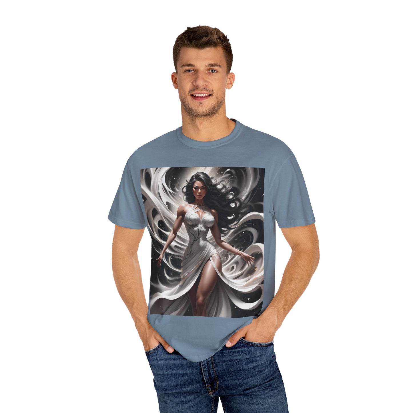 Goddess Art T-Shirt — Elegant White-Draped Fantasy Woman Print
