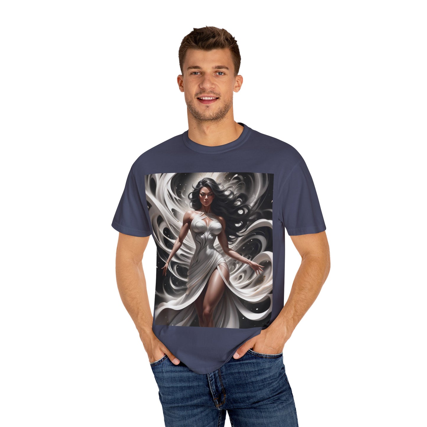 Goddess Art T-Shirt — Elegant White-Draped Fantasy Woman Print