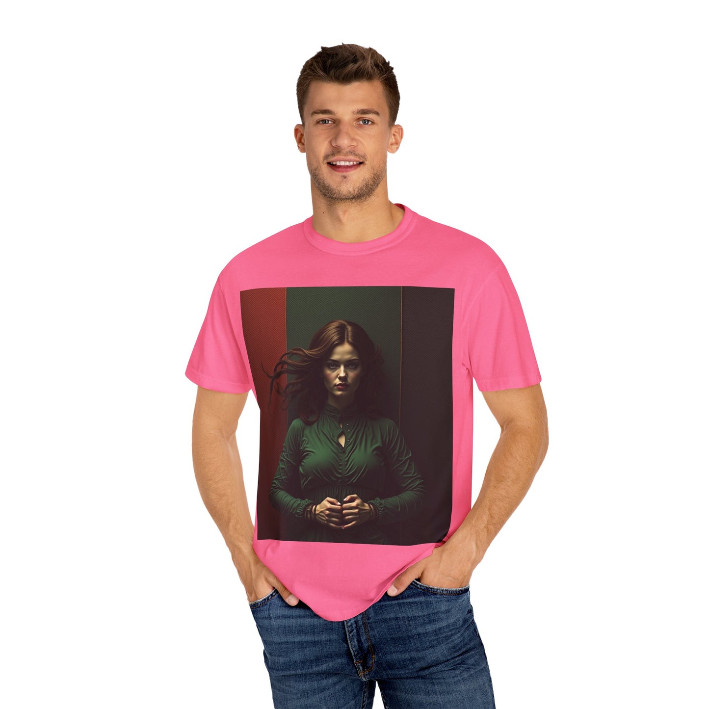 Portrait Photo Tee — Moody Green Woman Graphic T-Shirt