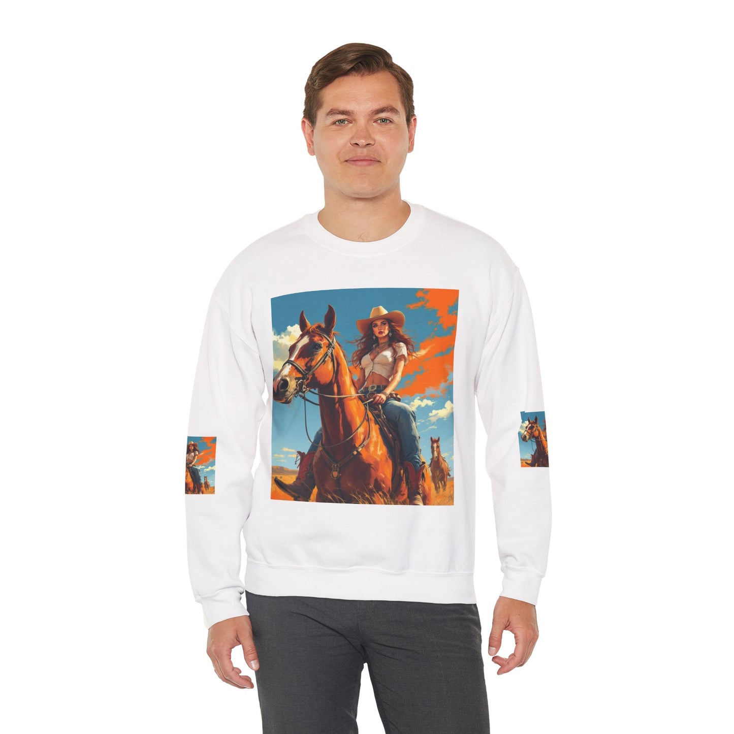 Cowgirl Riding Horse Sweatshirt — Western Sunset Graphic Crewneck