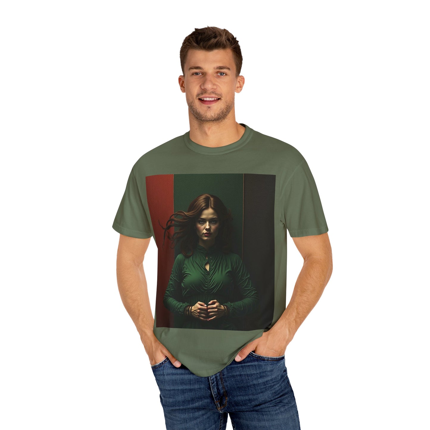 Portrait Photo Tee — Moody Green Woman Graphic T-Shirt