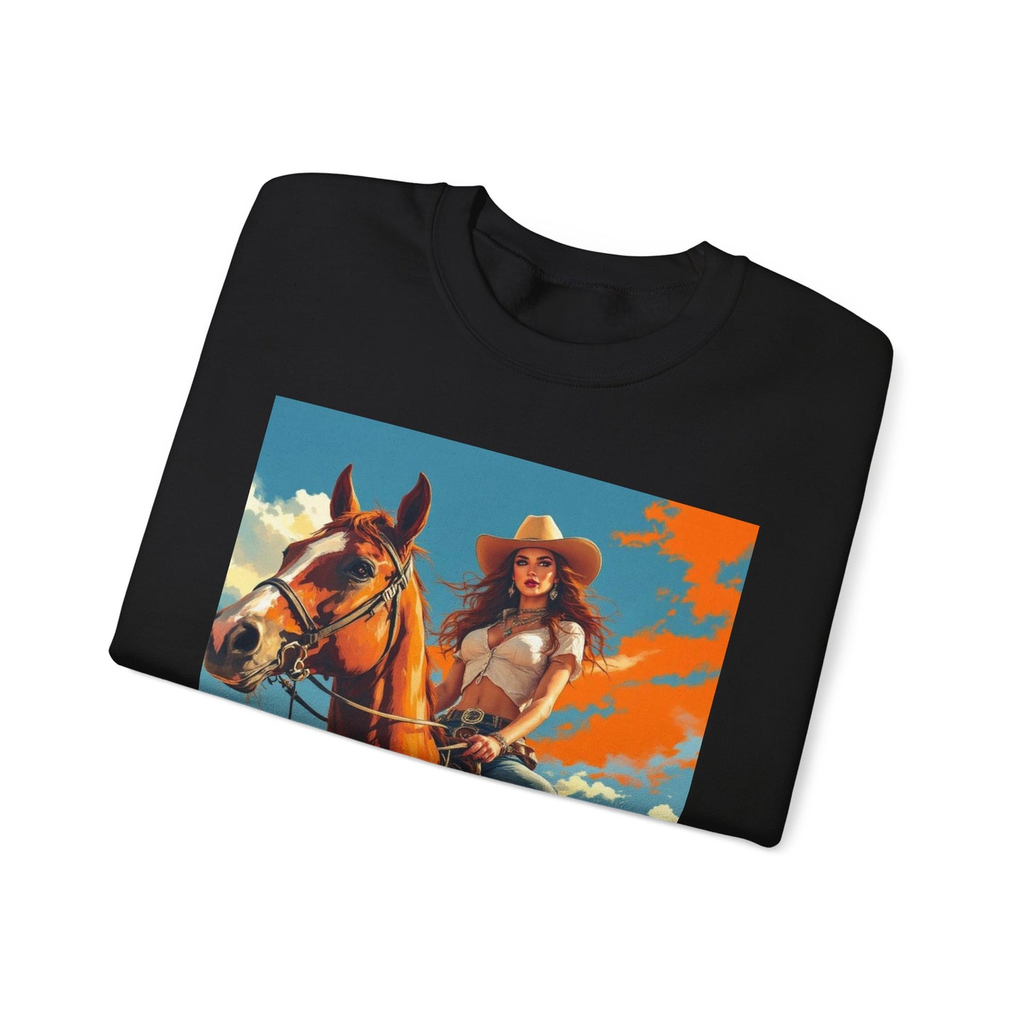 Cowgirl Riding Horse Sweatshirt — Western Sunset Graphic Crewneck