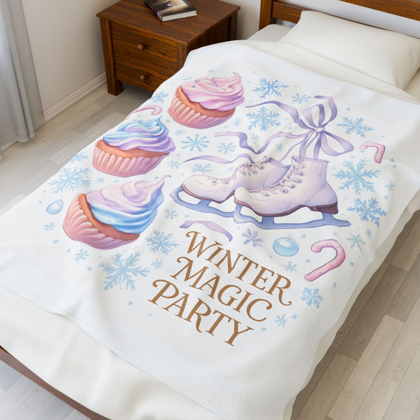 Winter Magic Party Velveteen Plush Blanket — Ice Skates & Cupcakes Cozy Throw
