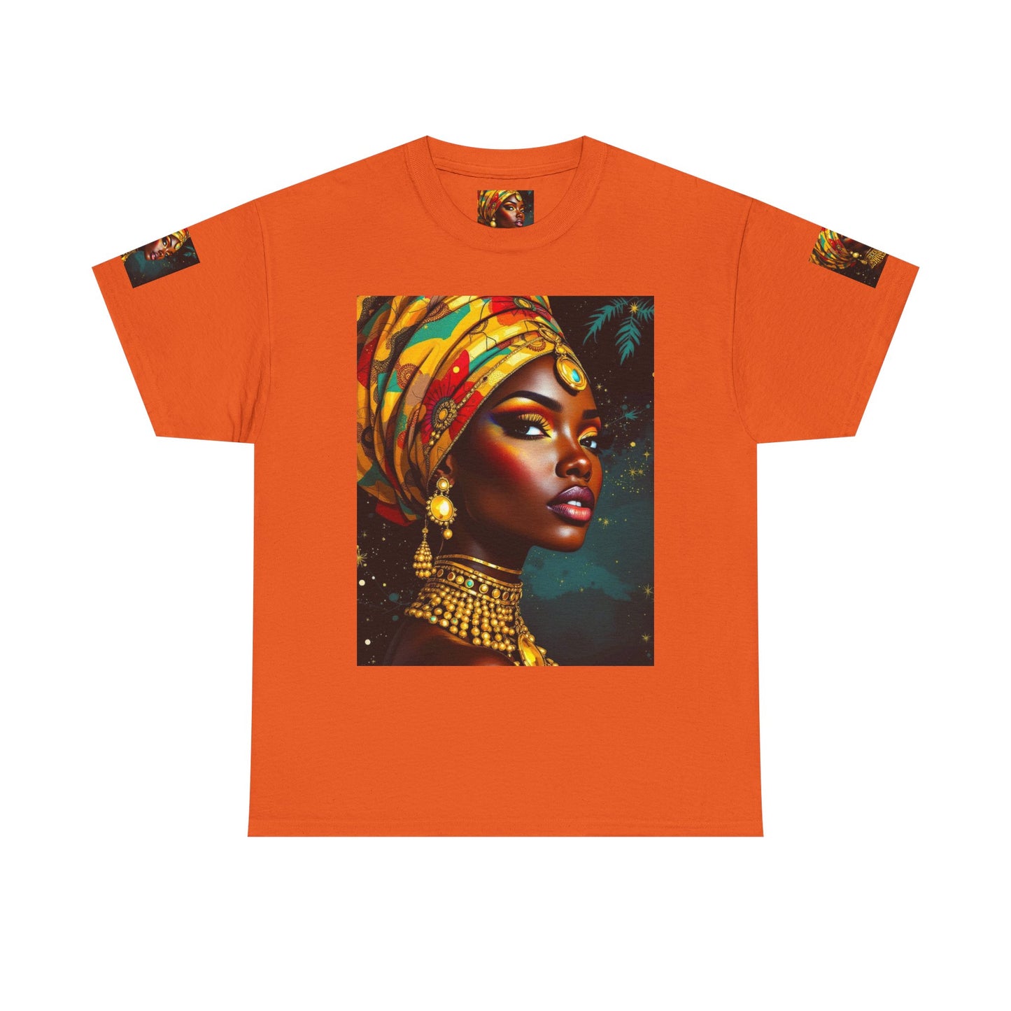 African Queen Portrait T-Shirt — Bold Headwrap & Gold Jewelry Graphic Tee