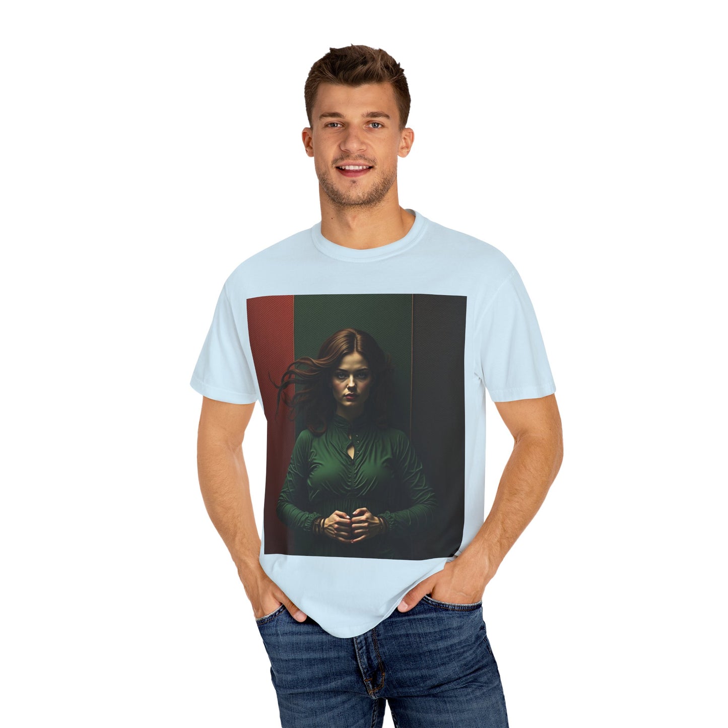 Portrait Photo Tee — Moody Green Woman Graphic T-Shirt