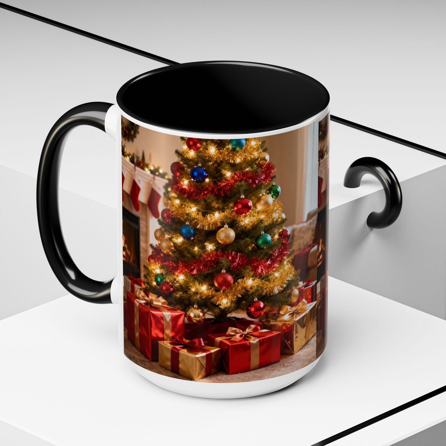 Christmas Living Room Coffee Mug – Festive Tree, Fireplace & Presents Accent Mug (11/15oz)