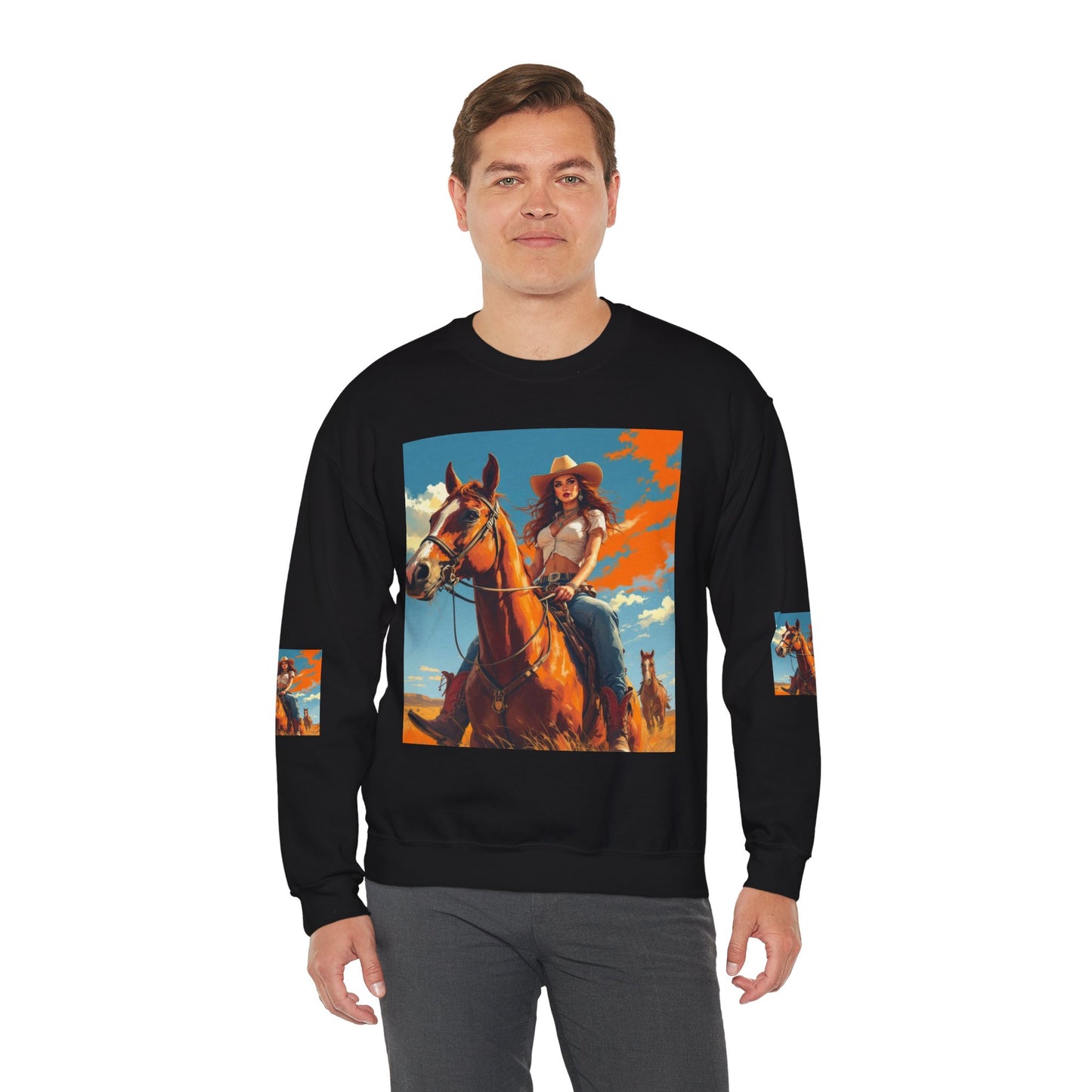 Cowgirl Riding Horse Sweatshirt — Western Sunset Graphic Crewneck