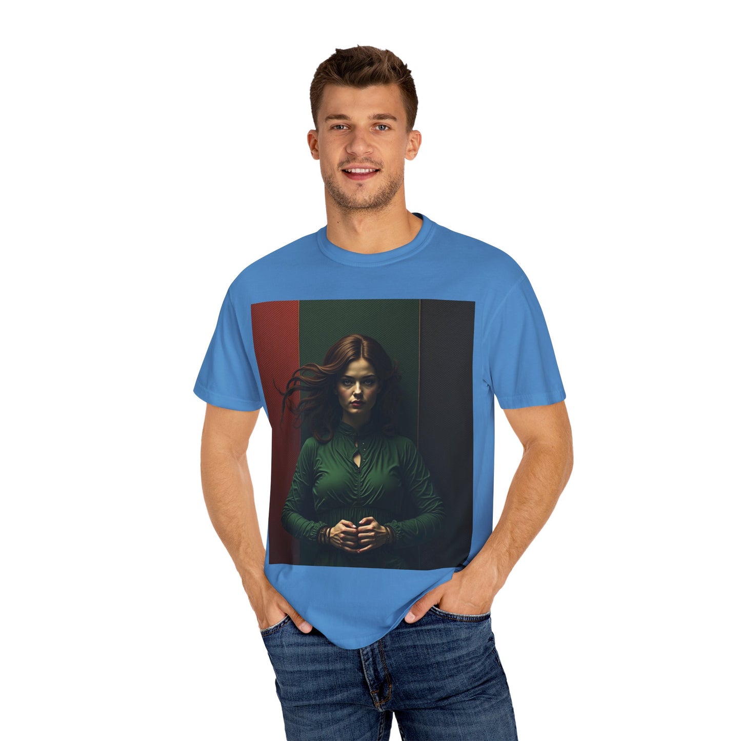 Portrait Photo Tee — Moody Green Woman Graphic T-Shirt
