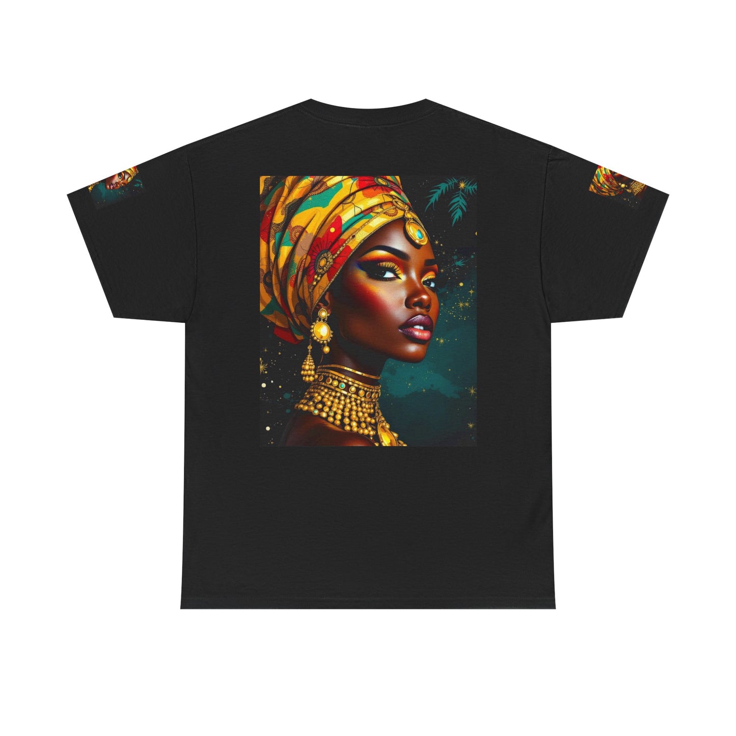 African Queen Portrait T-Shirt — Bold Headwrap & Gold Jewelry Graphic Tee