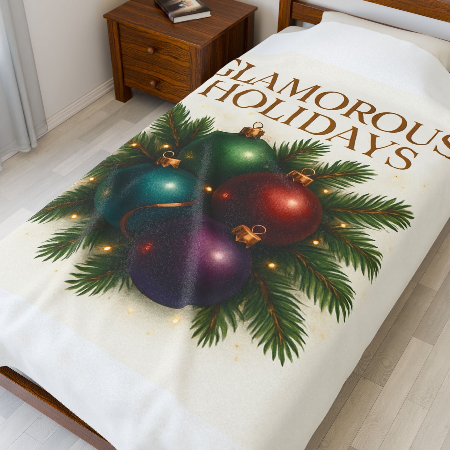 Glamorous Holidays Velveteen Plush Blanket — Festive Christmas Ornaments Cozy Throw