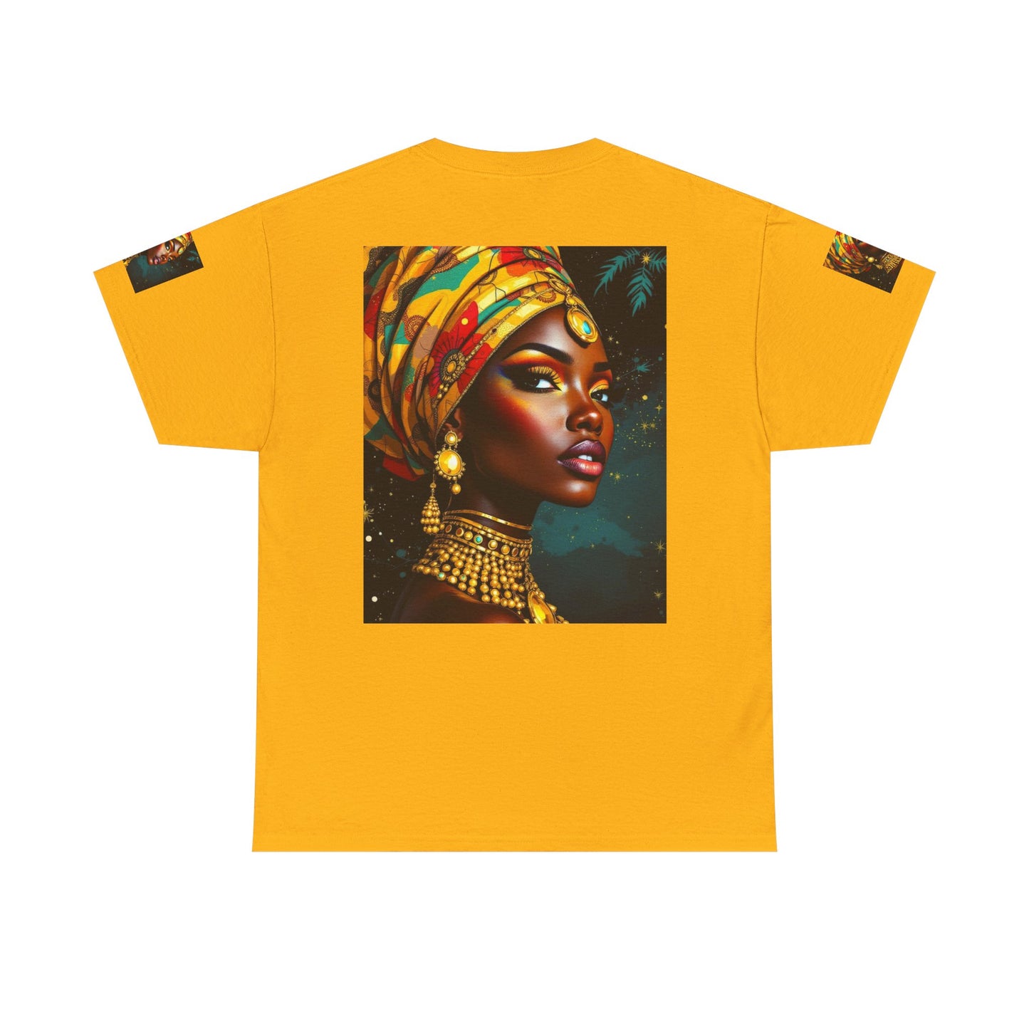 African Queen Portrait T-Shirt — Bold Headwrap & Gold Jewelry Graphic Tee