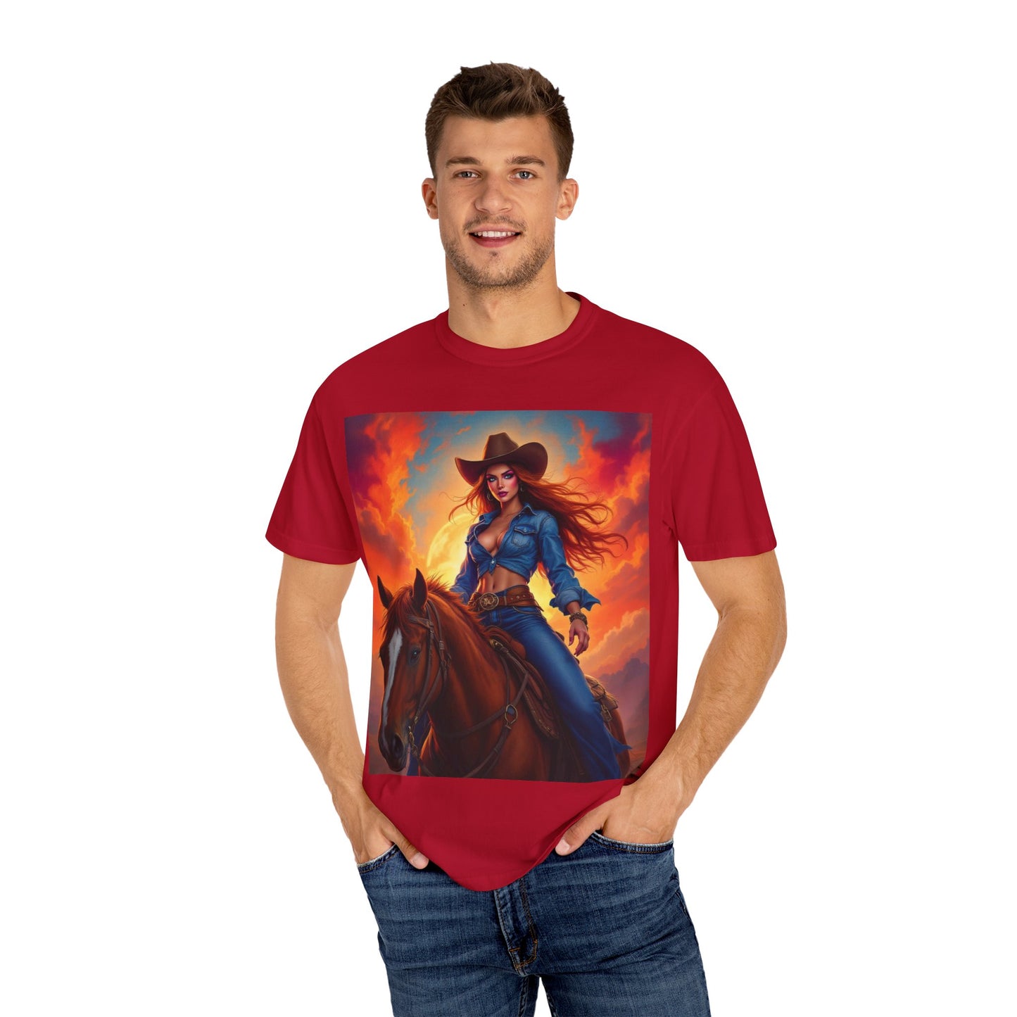 Cowgirl on Horseback T-Shirt — Western Sunset Graphic Tee