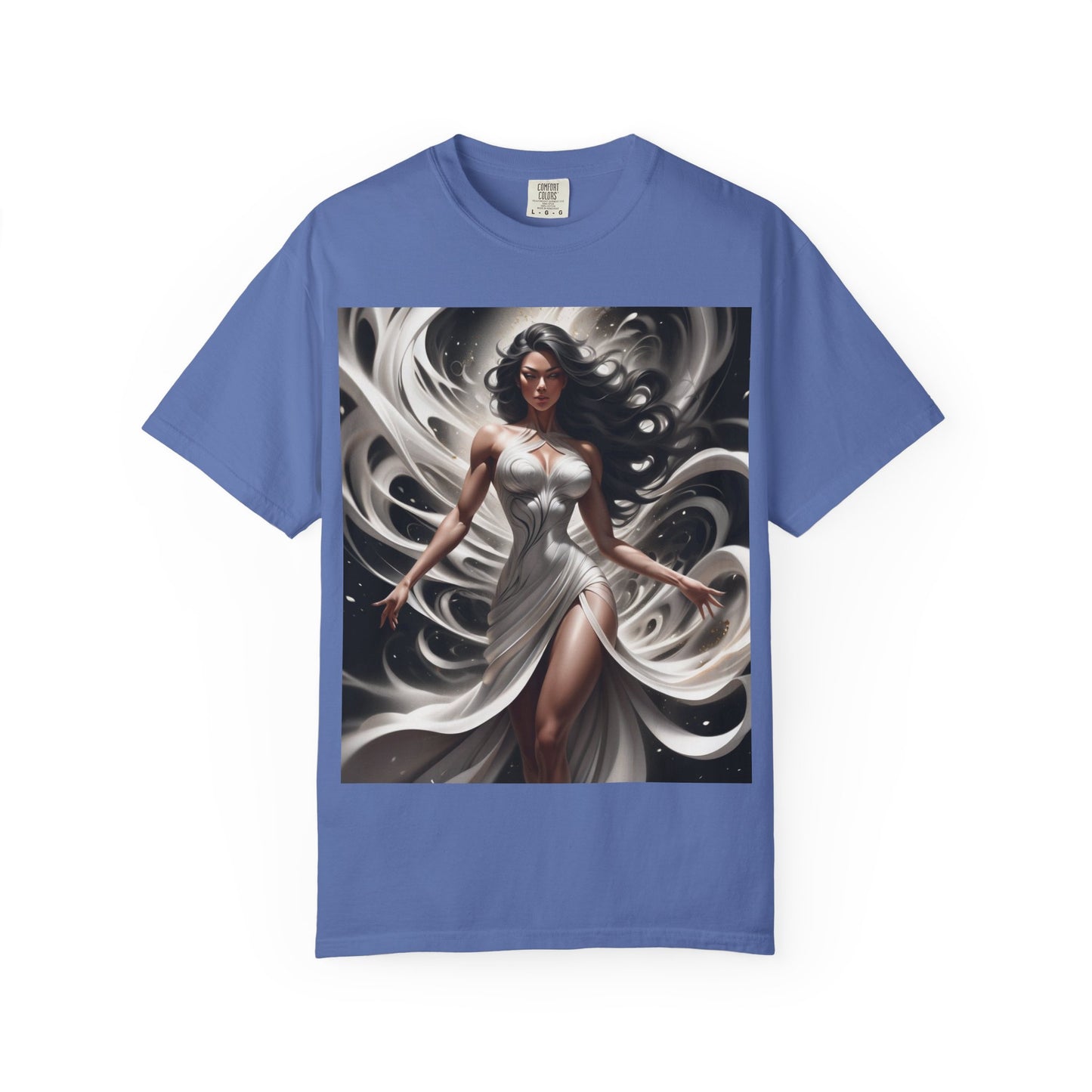 Goddess Art T-Shirt — Elegant White-Draped Fantasy Woman Print