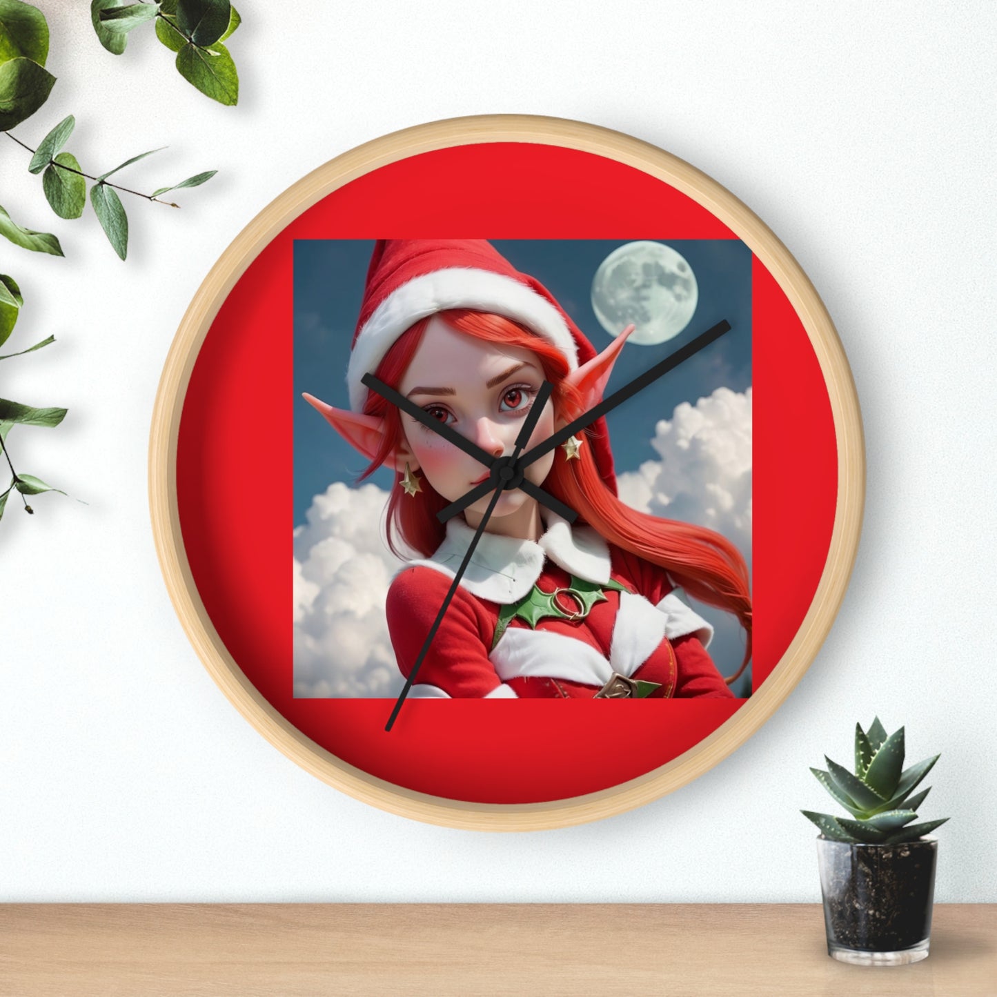Christmas Elf Wall Clock — Cute Red-Haired Elf Holiday Decor