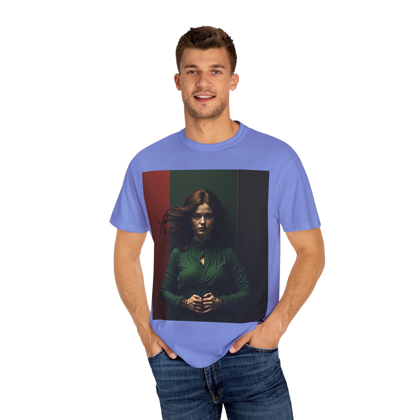 Portrait Photo Tee — Moody Green Woman Graphic T-Shirt