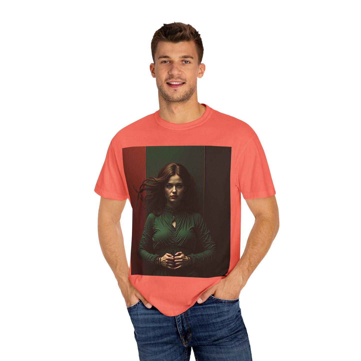 Portrait Photo Tee — Moody Green Woman Graphic T-Shirt