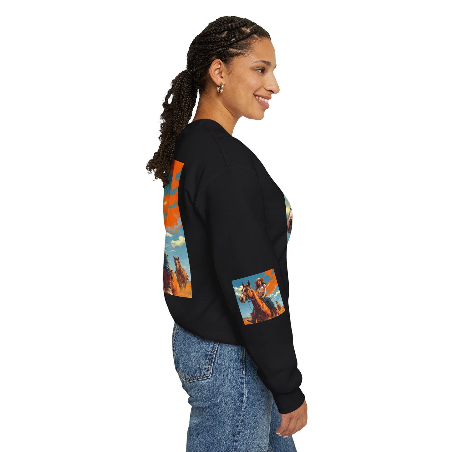 Cowgirl Riding Horse Sweatshirt — Western Sunset Graphic Crewneck