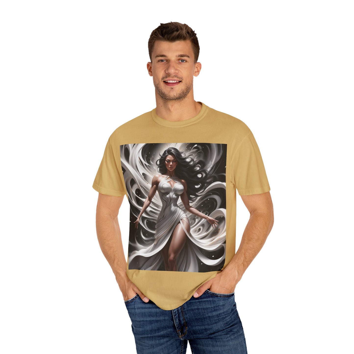 Goddess Art T-Shirt — Elegant White-Draped Fantasy Woman Print