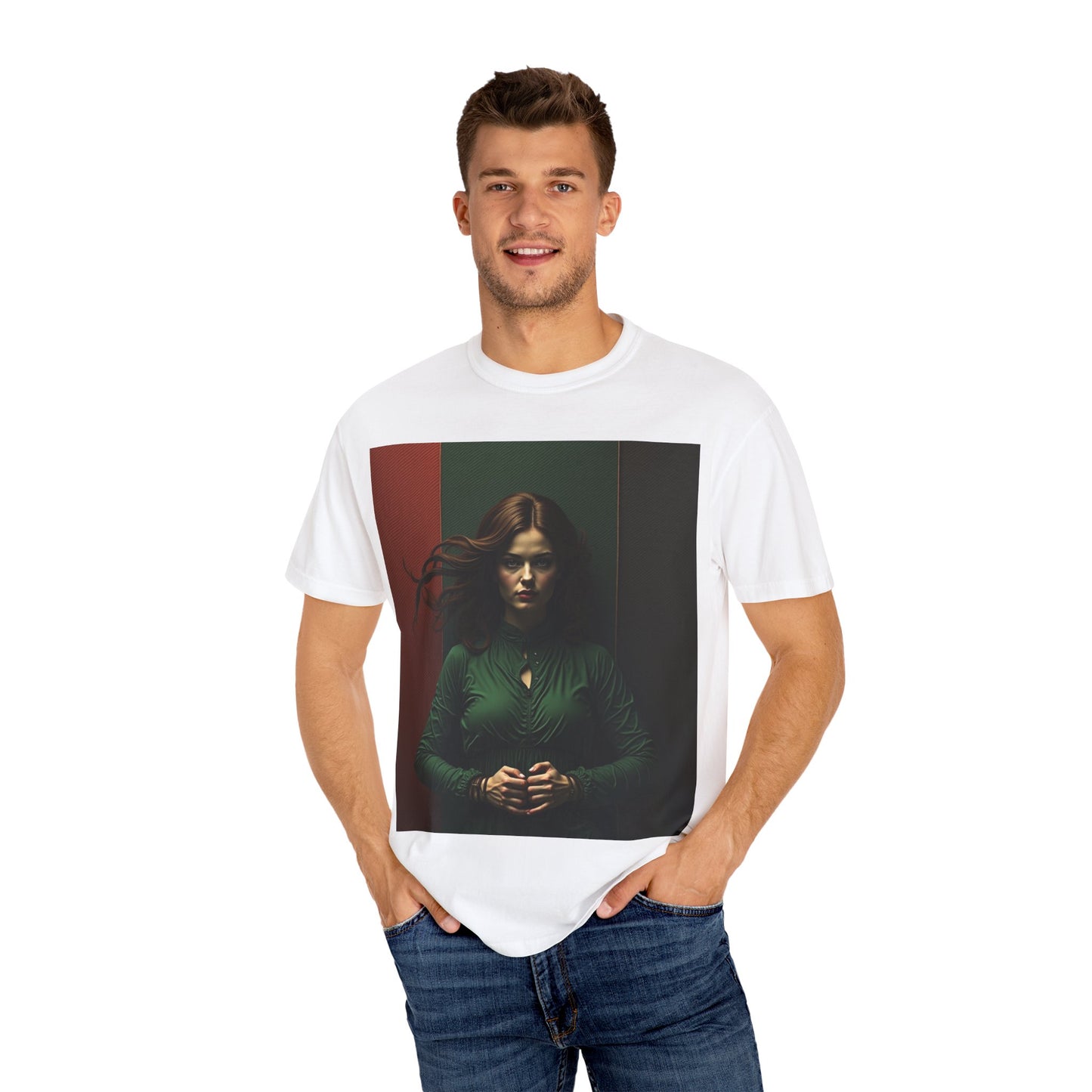 Portrait Photo Tee — Moody Green Woman Graphic T-Shirt