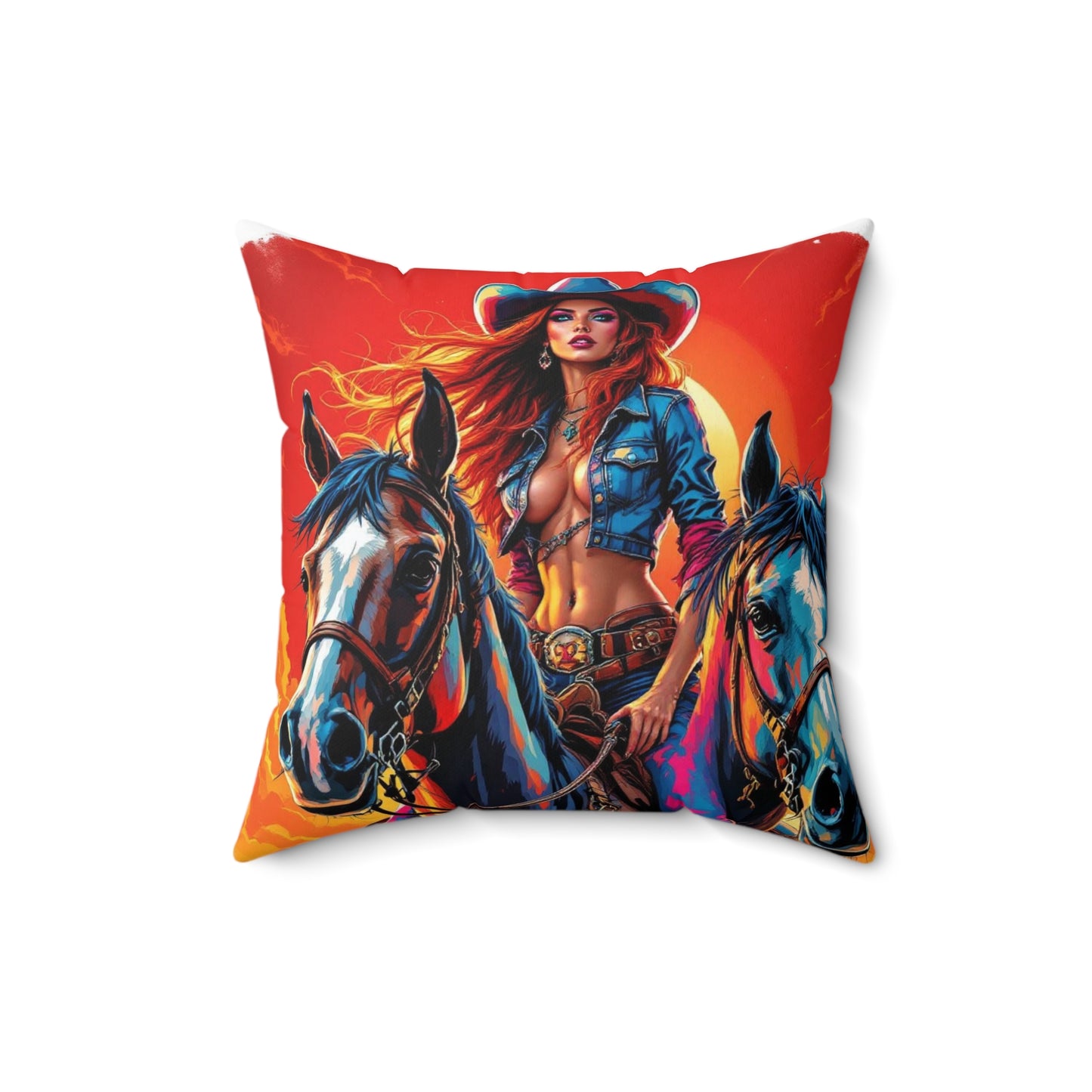 Cowgirl & Horses Graphic Pillow — Vibrant Western Art Throw Pillow