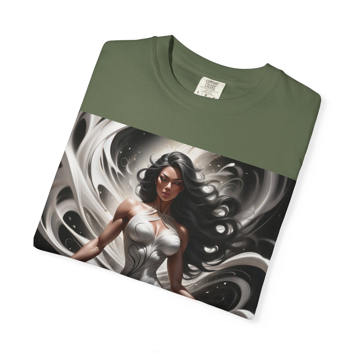 Goddess Art T-Shirt — Elegant White-Draped Fantasy Woman Print