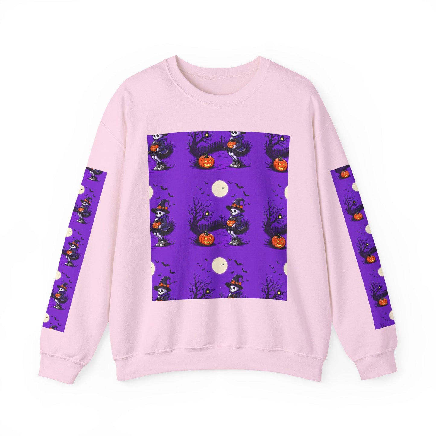 Halloween Crewneck Sweatshirt: Whimsical Pumpkin Skeleton Design