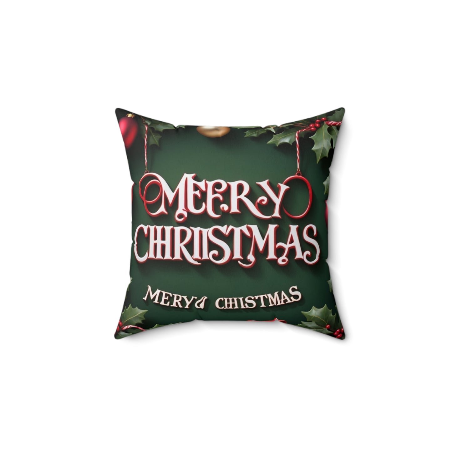 Merry Christmas Decorative Pillow — Festive Green Holiday Throw Pillow with Holly & Ornaments