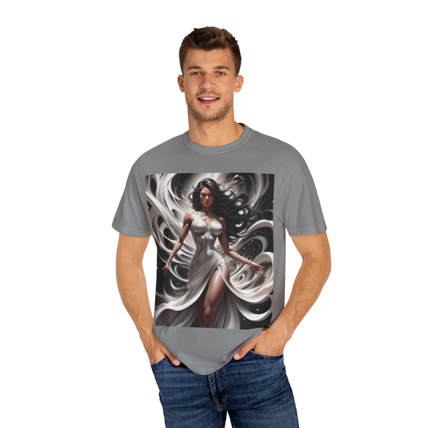 Goddess Art T-Shirt — Elegant White-Draped Fantasy Woman Print