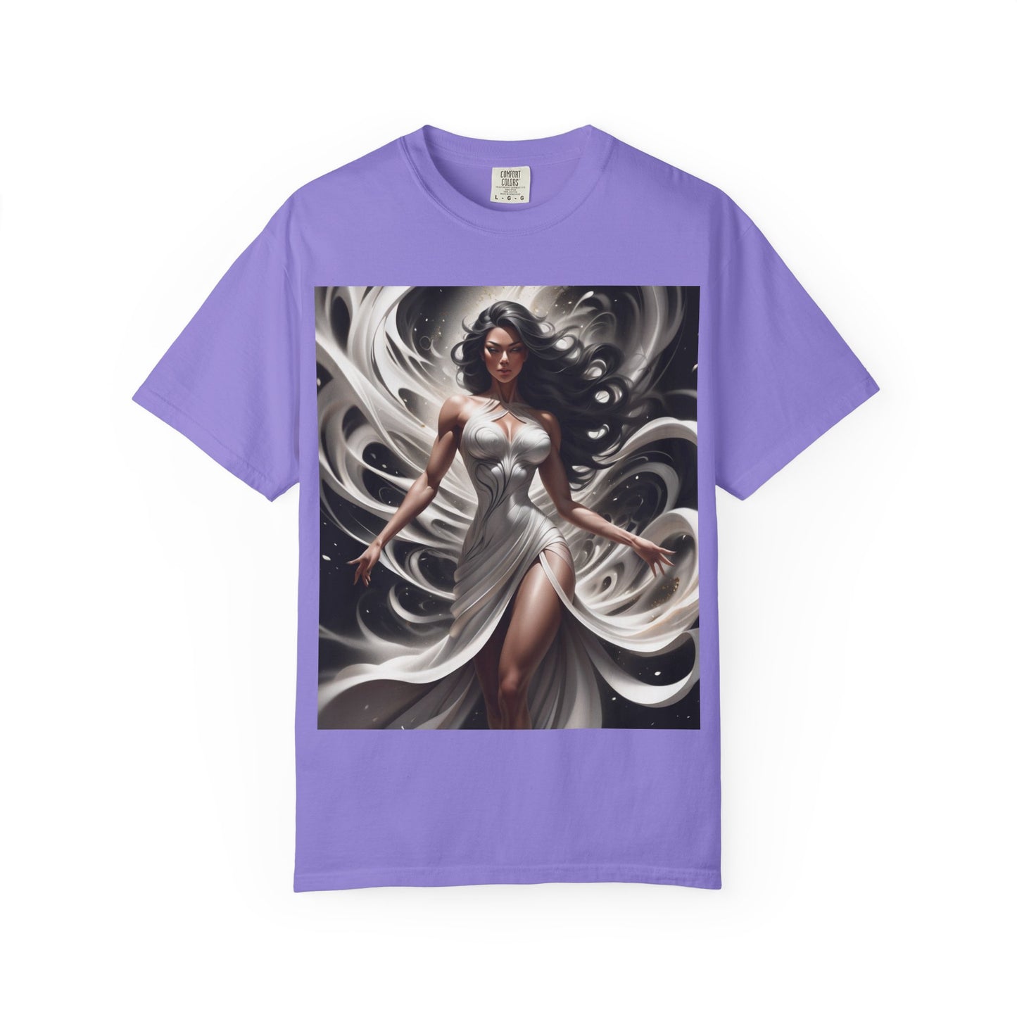 Goddess Art T-Shirt — Elegant White-Draped Fantasy Woman Print